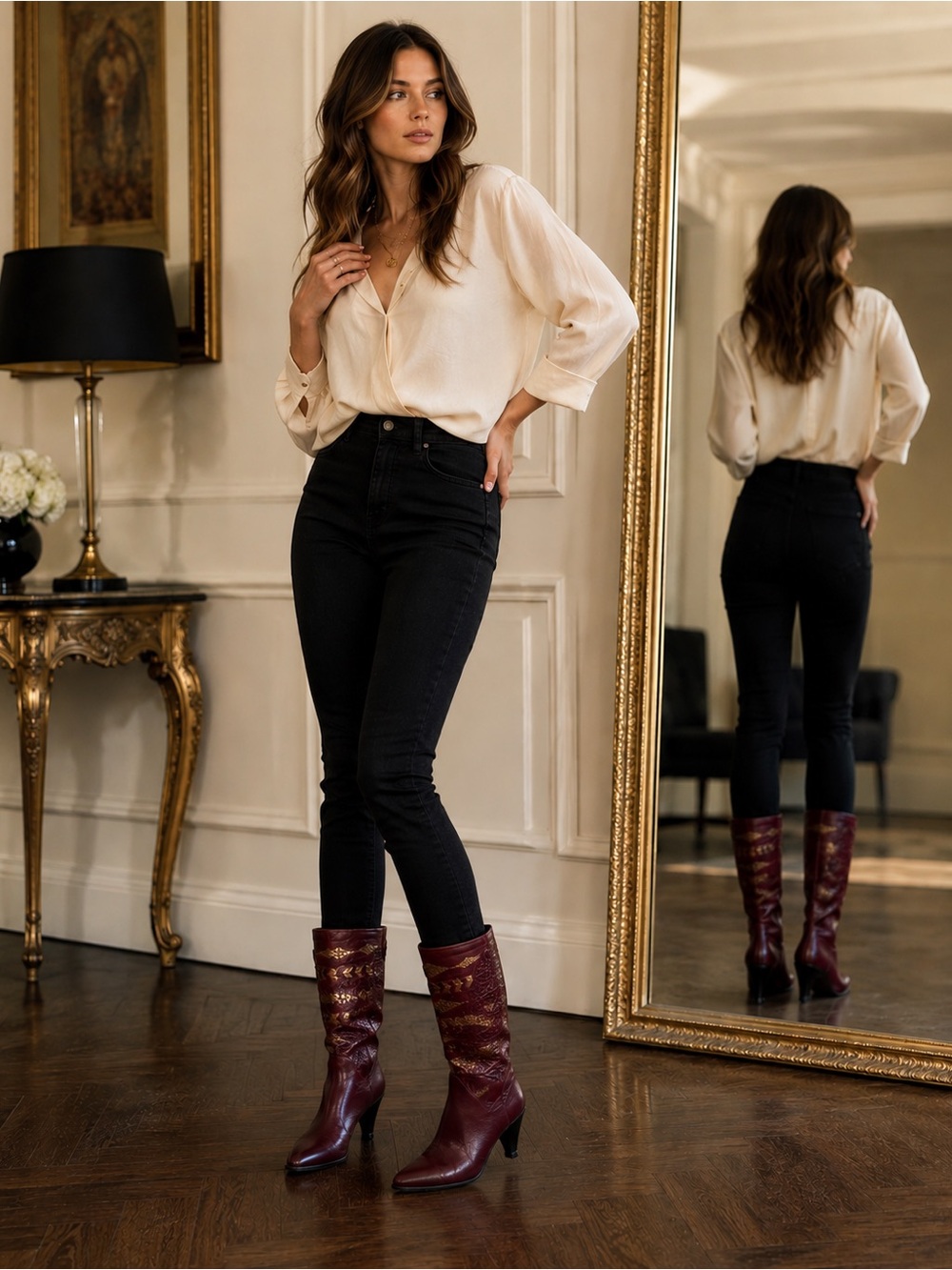 Serena Williams Burgundy Leather Knee-High Boots with Gold Accents
